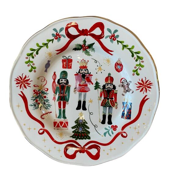 Christmas NUTCRACKER RED BOW Dinner Plates 11" Ceramic Set of 5 Dwell Essentials - Picture 2 of 14
